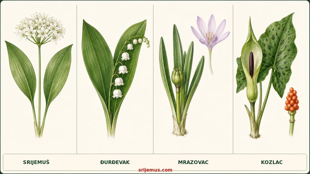 Poređenje srijemuša sa otrovnim đurđevkom, mrazovcem i kozlacem